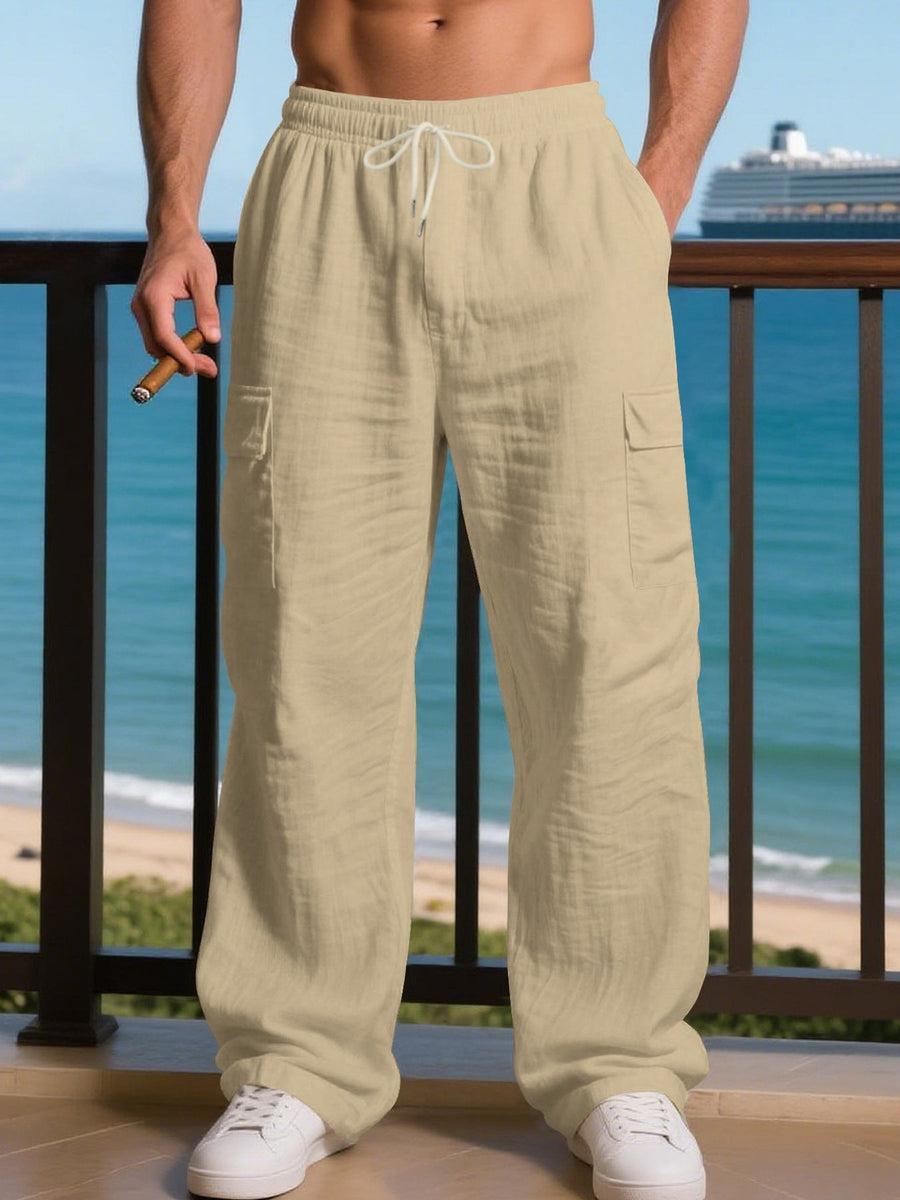 Hector Linen Trousers with Drawstring Waist and Pockets in Khaki