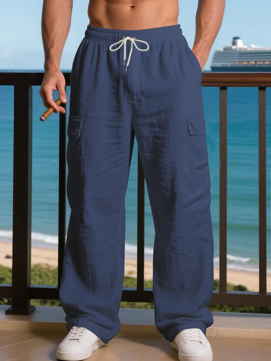 Hector Linen Trousers with Drawstring Waist and Pockets in Marinr&Blau