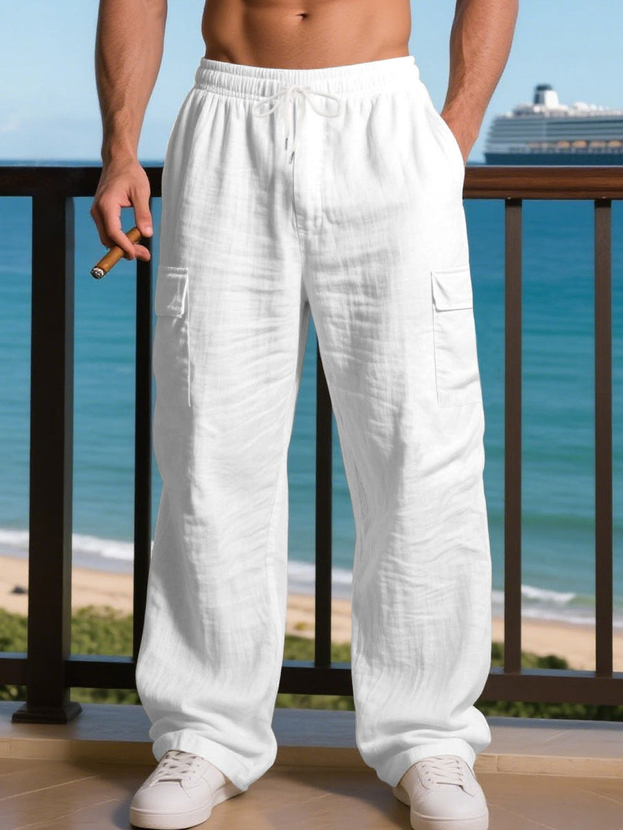 Hector Linen Trousers with Drawstring Waist and Pockets in White