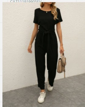 Heidi Jumpsuit with Belted and Wide Leg in Black
