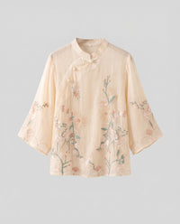 Heidi Linen Blouse with Stand Collar in Apricot