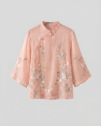 Heidi Linen Blouse with Stand Collar in Pink