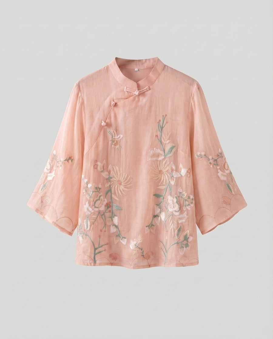 Heidi Linen Blouse with Stand Collar in Pink