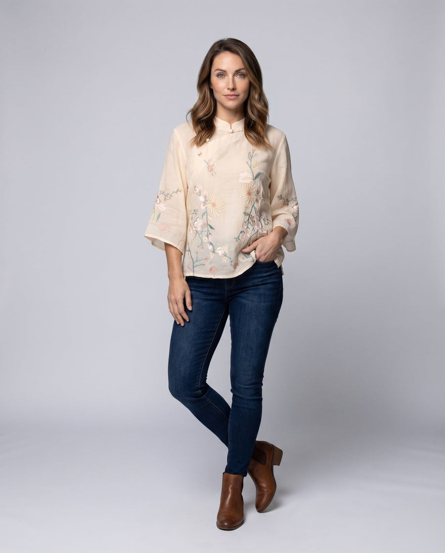 Heidi Linen Blouse with Stand Collar