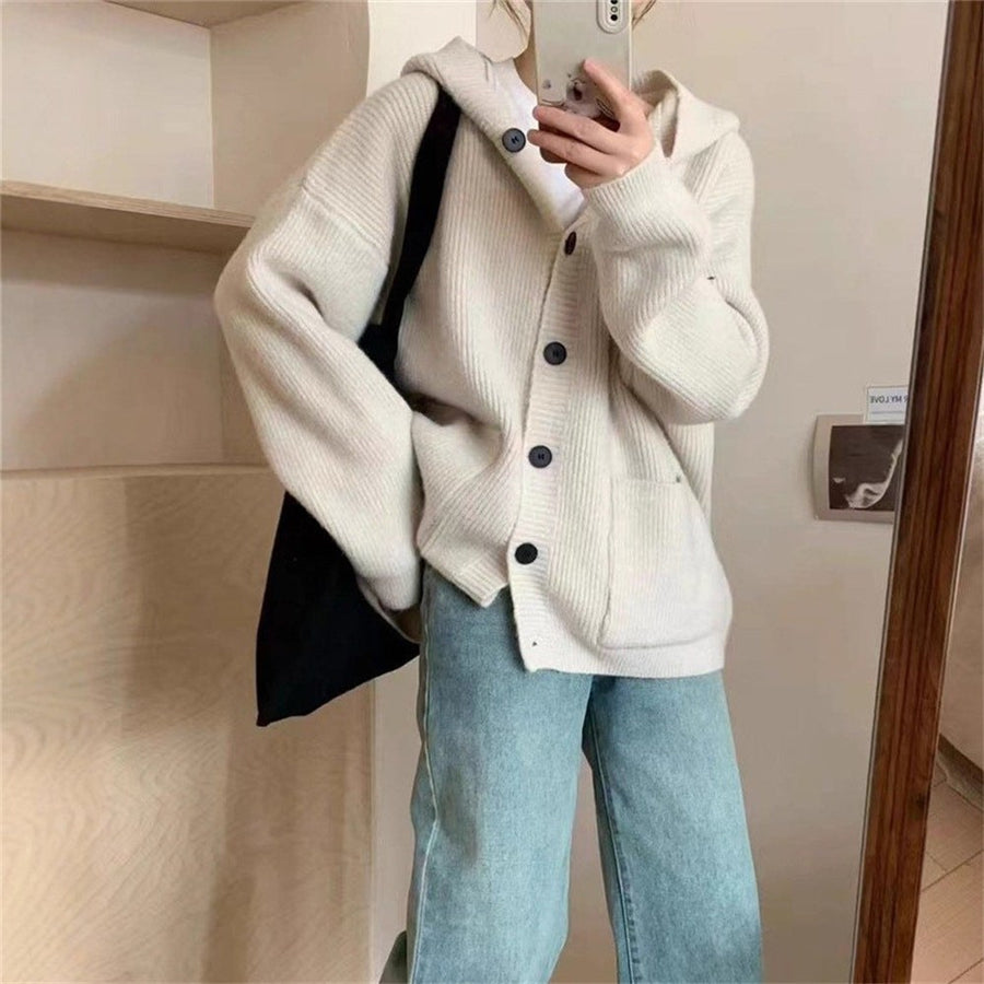 Helena Knit Cardigan with Pockets and Hood in Cream