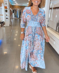 Helia - Holiday Dress with V-Neck and 3/4 Sleeves in Blue