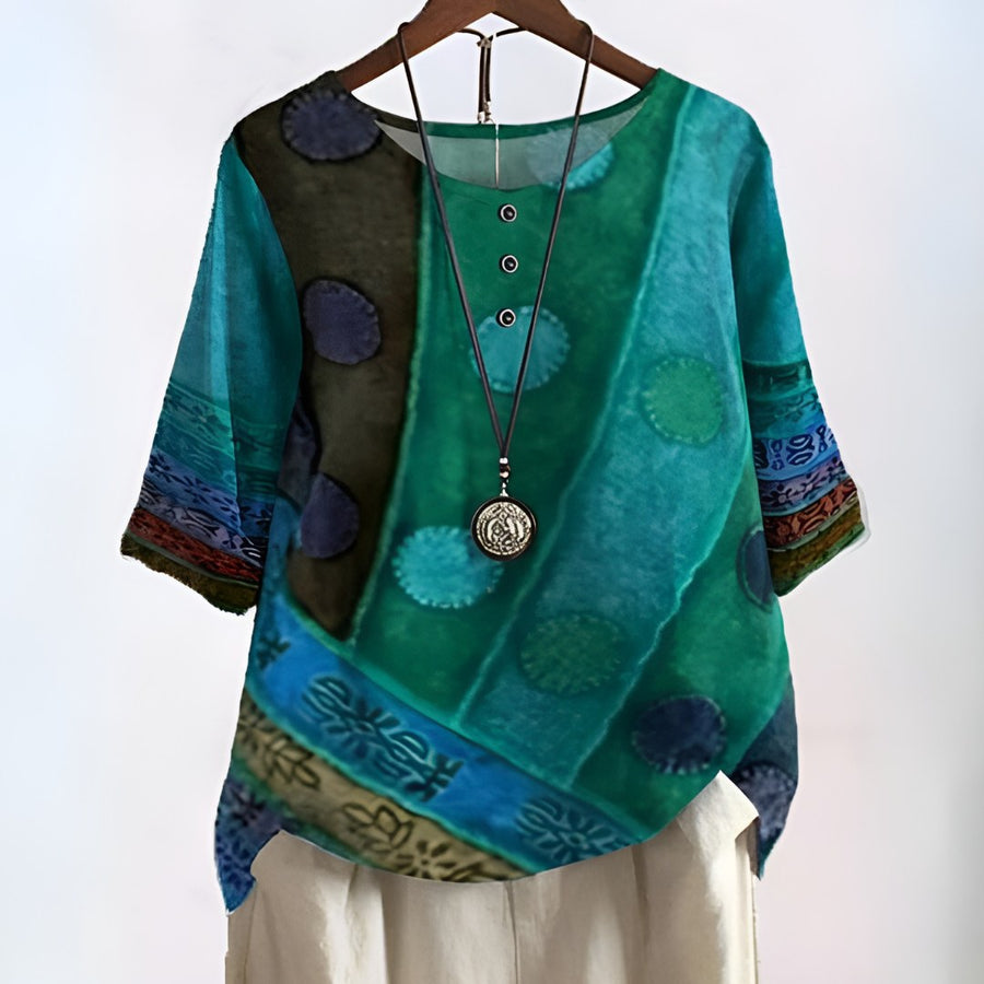 Heloise Women's Boho Print Relaxed Fit Blouse in Green