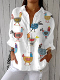 Sophie | Hen Print Blouse Button Front Long Sleeve