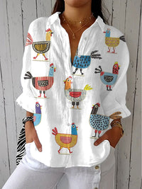 Sophie | Hen Print Blouse Button Front Long Sleeve
