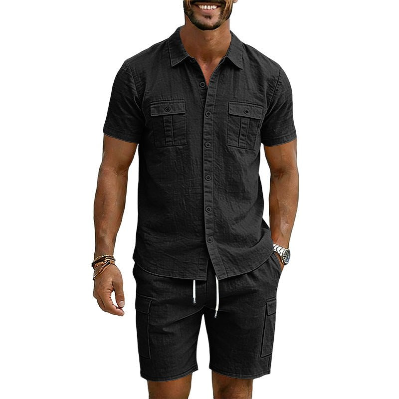 Hendrik Linen Blend Shirt with Short Sleeve and Drawstring Waist in Black