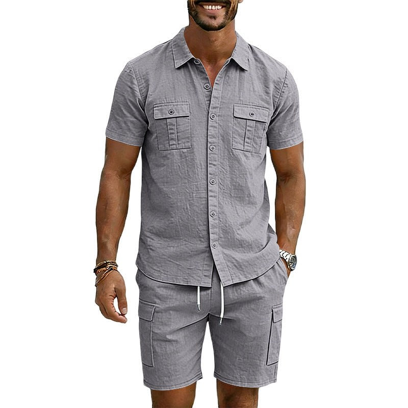 Hendrik Linen Blend Shirt with Short Sleeve and Drawstring Waist in Grey