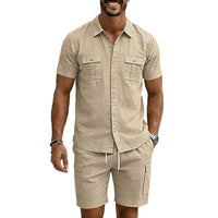 Hendrik Linen Blend Shirt with Short Sleeve and Drawstring Waist in Khaki
