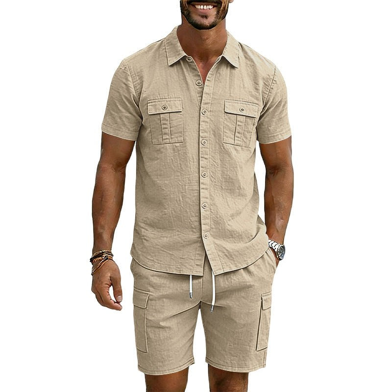 Hendrik Linen Blend Shirt with Short Sleeve and Drawstring Waist in Khaki