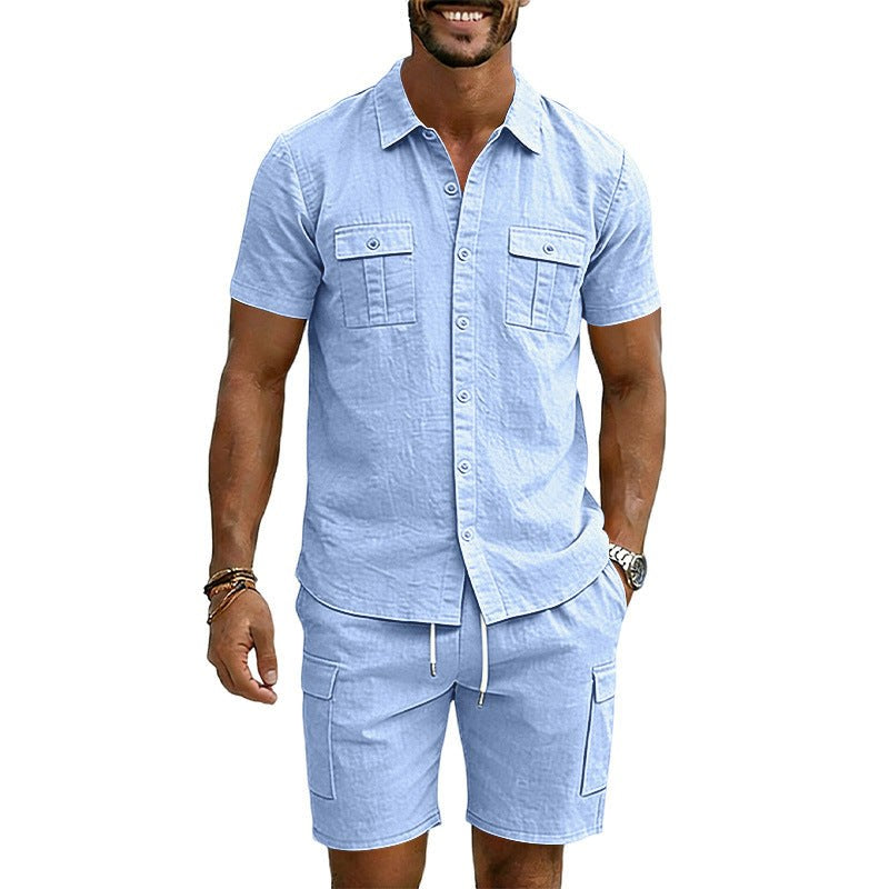 Hendrik Linen Blend Shirt with Short Sleeve and Drawstring Waist in Light Blue