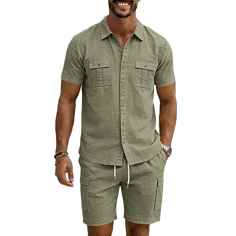 Hendrik Linen Blend Shirt with Short Sleeve and Drawstring Waist in Olive Green