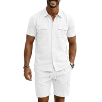 Hendrik Linen Blend Shirt with Short Sleeve and Drawstring Waist in White