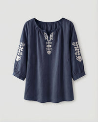 Hester Linen Blouse with Embroidery in Blue