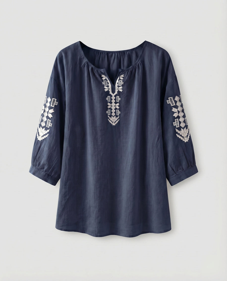 Hester Linen Blouse with Embroidery in Blue
