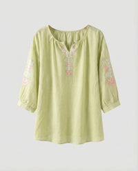 Hester Linen Blouse with Embroidery in Green