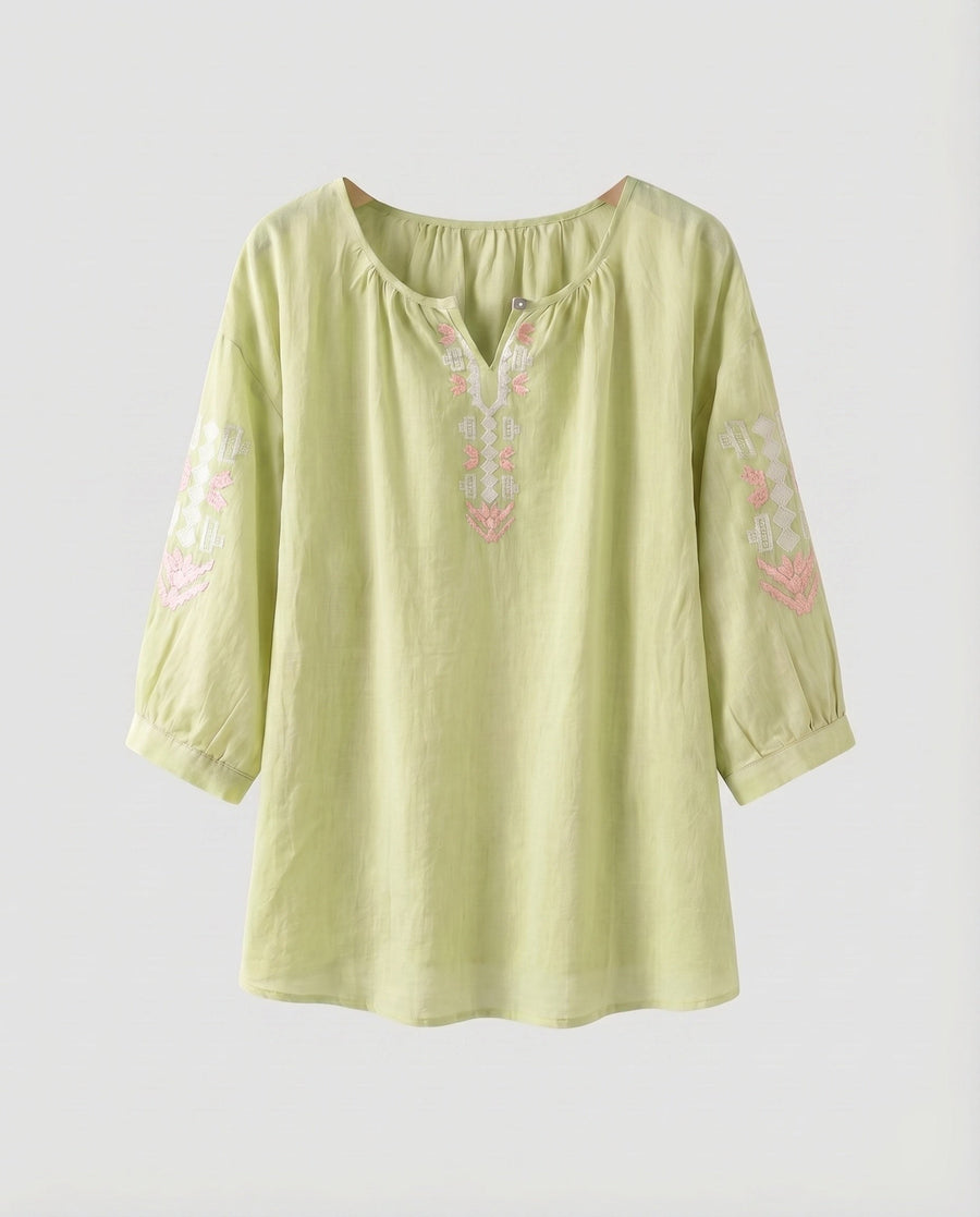 Hester Linen Blouse with Embroidery in Green