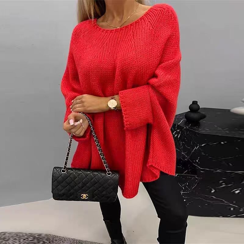 Hester Relaxed Knit Poncho in Red