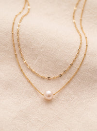 Double Necklace With Freshwater Pearl, 14k Gold over Sterling Silver 925 Double chain neck