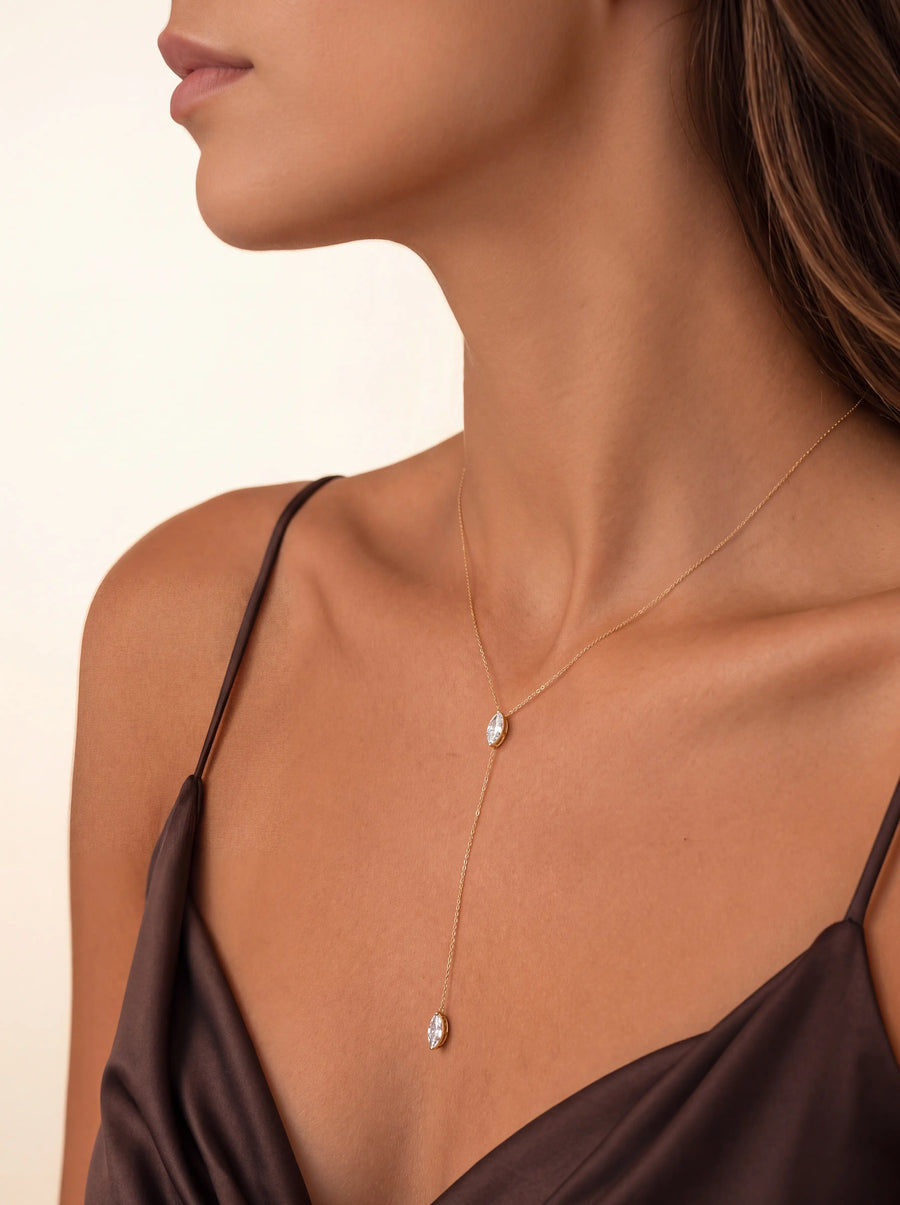 Gold Y Necklace, Marquise CZ Lariat Necklace, Dainty Drop Necklace, Minimalist Bridal Jewe