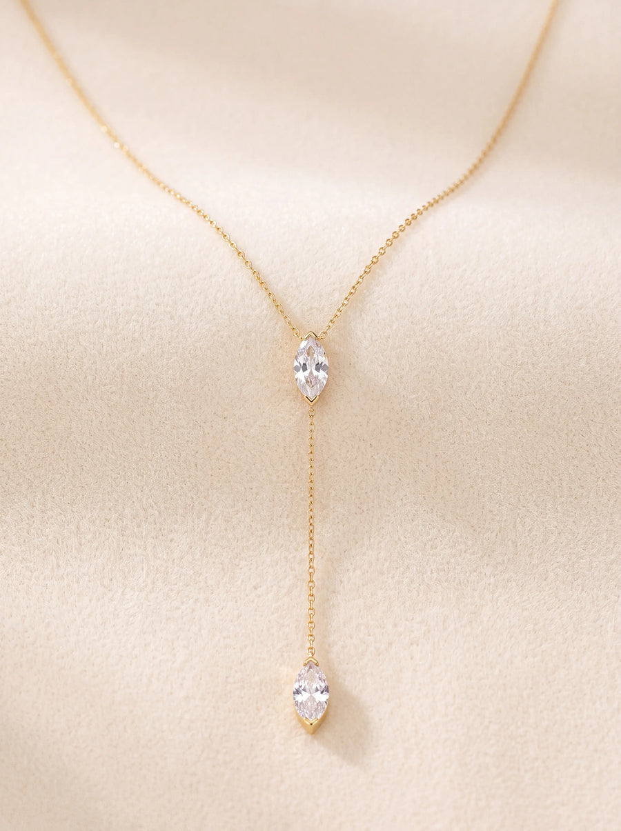 Gold Y Necklace, Marquise CZ Lariat Necklace, Dainty Drop Necklace, Minimalist Bridal Jewe