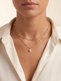 Double Necklace With Freshwater Pearl, 14k Gold over Sterling Silver 925 Double chain neck
