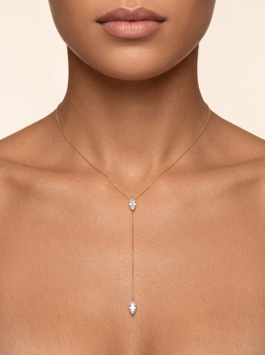Gold Y Necklace, Marquise CZ Lariat Necklace, Dainty Drop Necklace, Minimalist Bridal Jewe
