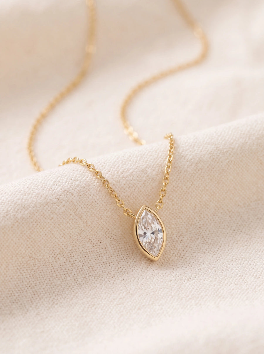 Marquise Solitaire Pendant Necklace, 14k Gold Marquise Necklace, Diamond Charm Necklace, S