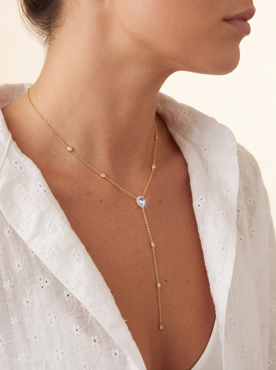 Teardrop Lariat Necklace, Sterling Silver 925 Light Blue Halo Pear CZ Pendant, Gold or Ros