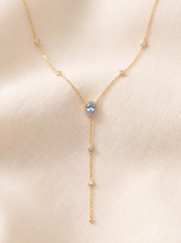 Teardrop Lariat Necklace, Sterling Silver 925 Light Blue Halo Pear CZ Pendant, Gold or Ros