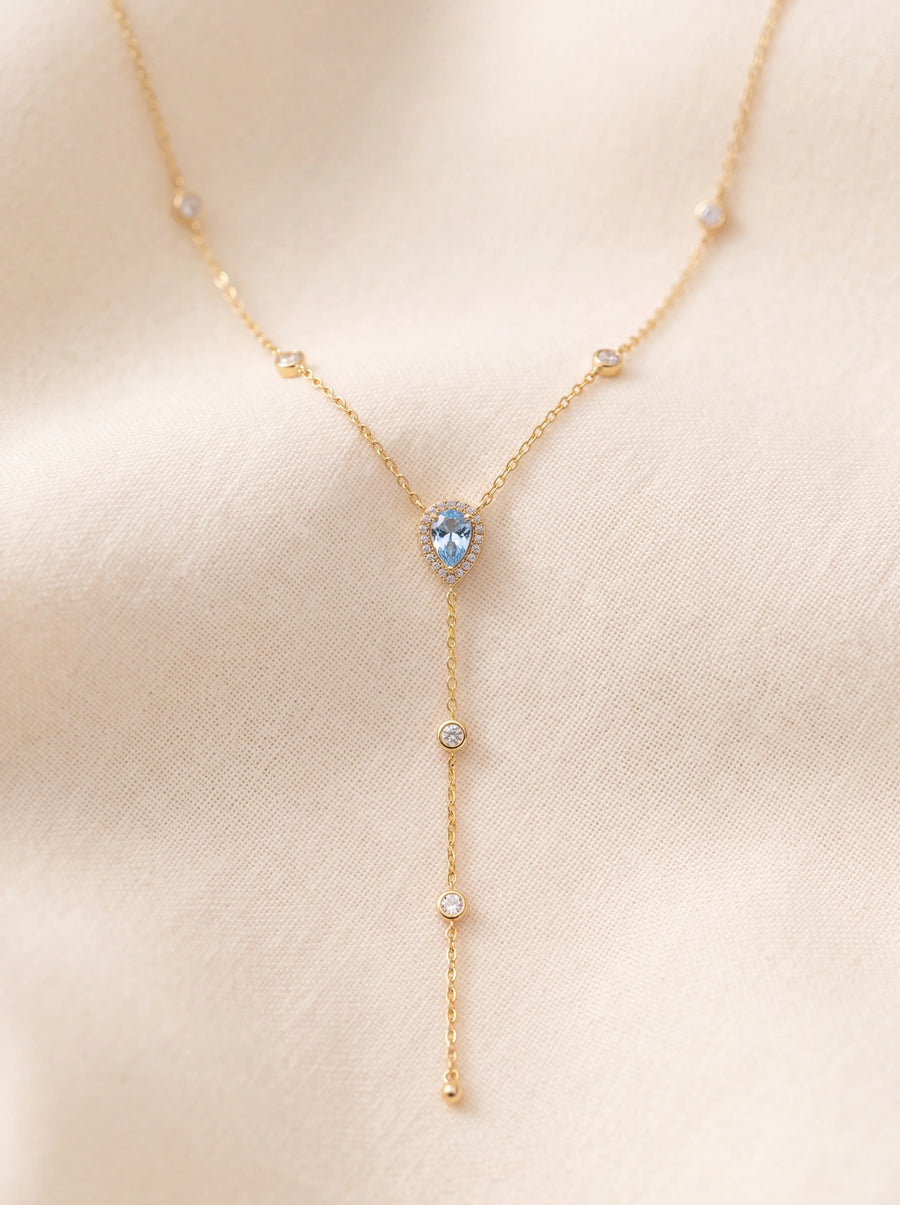 Teardrop Lariat Necklace, Sterling Silver 925 Light Blue Halo Pear CZ Pendant, Gold or Ros
