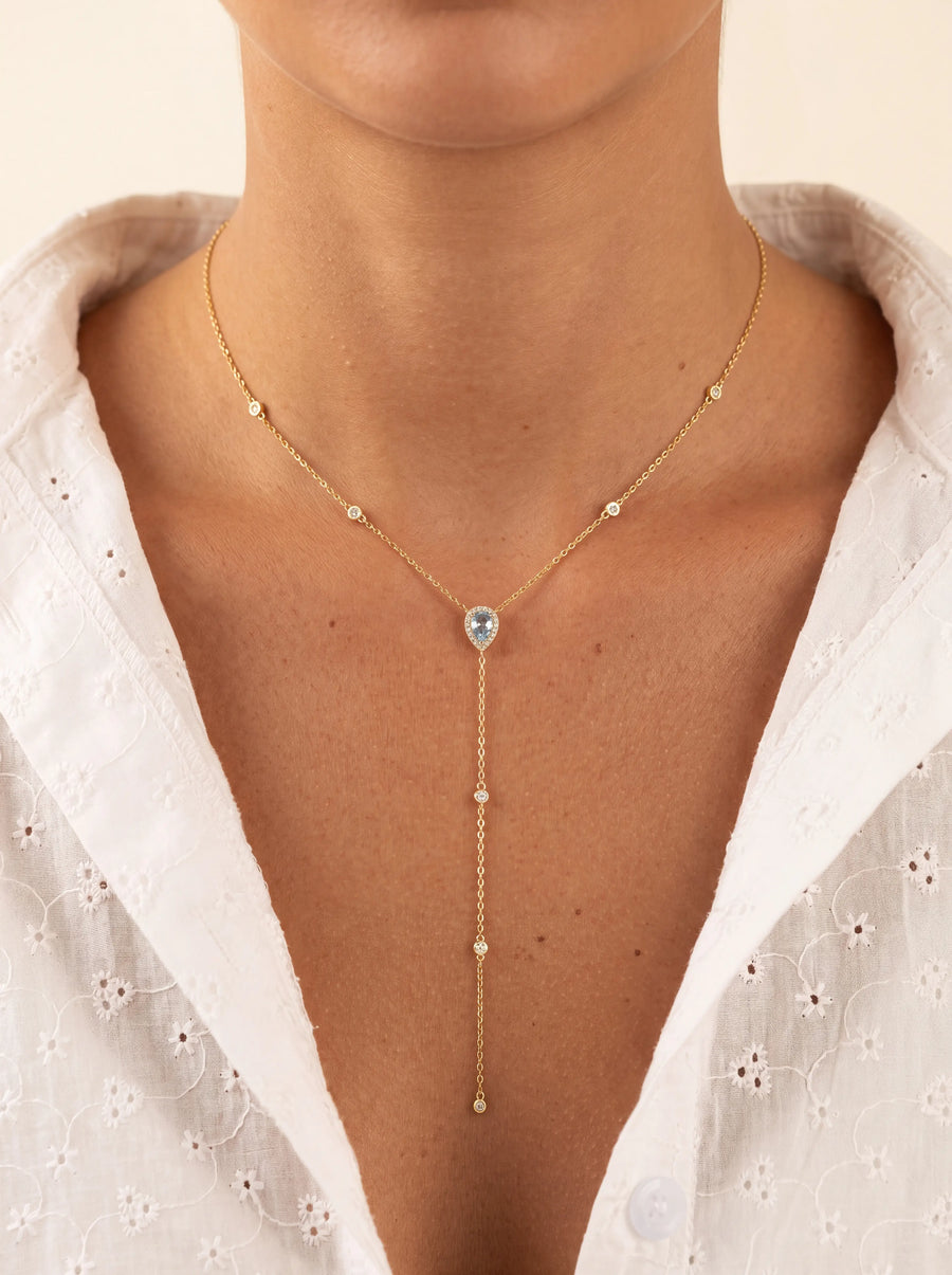 Teardrop Lariat Necklace, Sterling Silver 925 Light Blue Halo Pear CZ Pendant, Gold or Ros