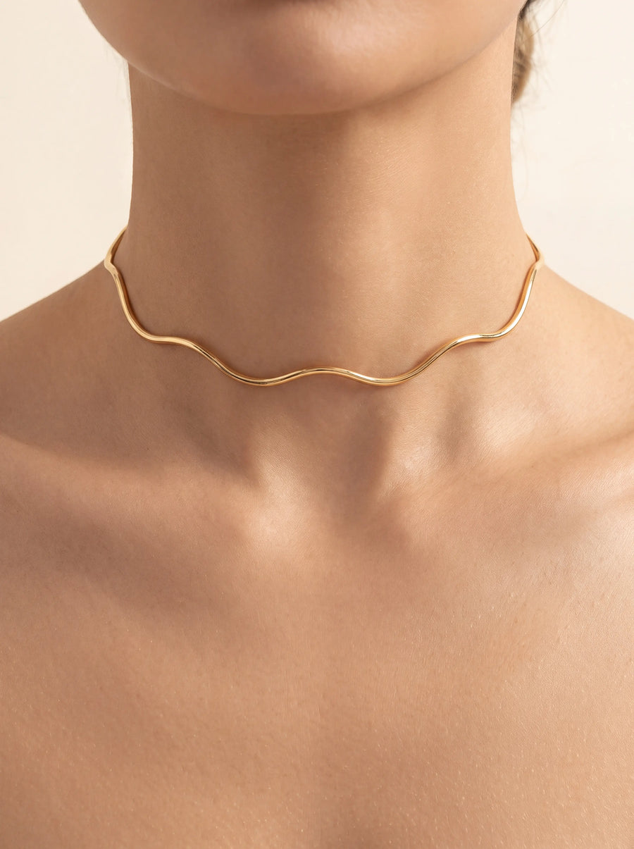 18k Gold Plated Wave Choker Necklace | 22cm (8.66) Gift Dainty Minimalist New | Color: Gol