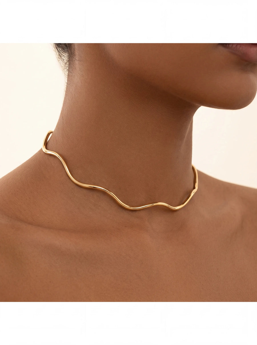 18k Gold Plated Wave Choker Necklace | 22cm (8.66) Gift Dainty Minimalist New | Color: Gol