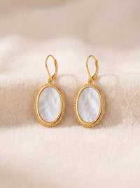 Gold Mother of Pearl Drop Earrings | Oval Stainless Steel Earrings | Vintage Style Dangle