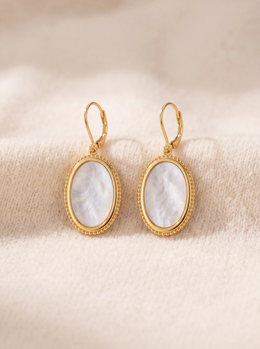 Gold Mother of Pearl Drop Earrings | Oval Stainless Steel Earrings | Vintage Style Dangle
