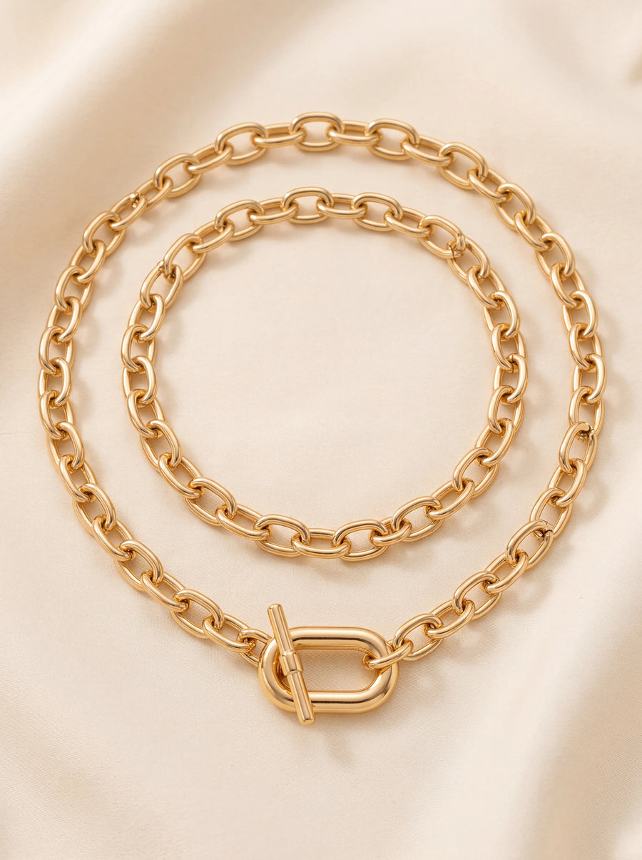 Boutique Jewelry | 2pc Set Gold Double Interlock Oval Circle Link Chain Necklace | Color: