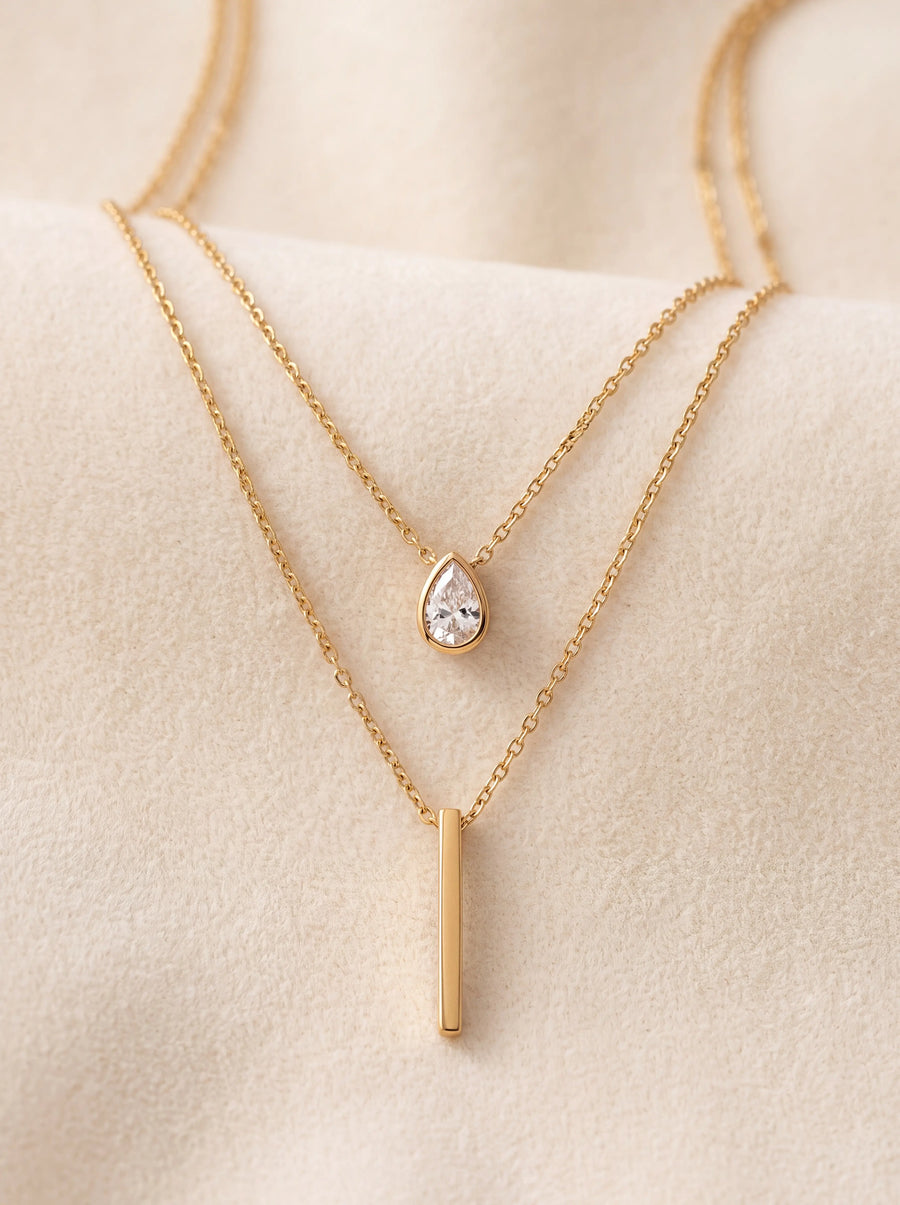 Layered Gold Bar and Teardrop Necklace, Minimalist Dainty Jewelry