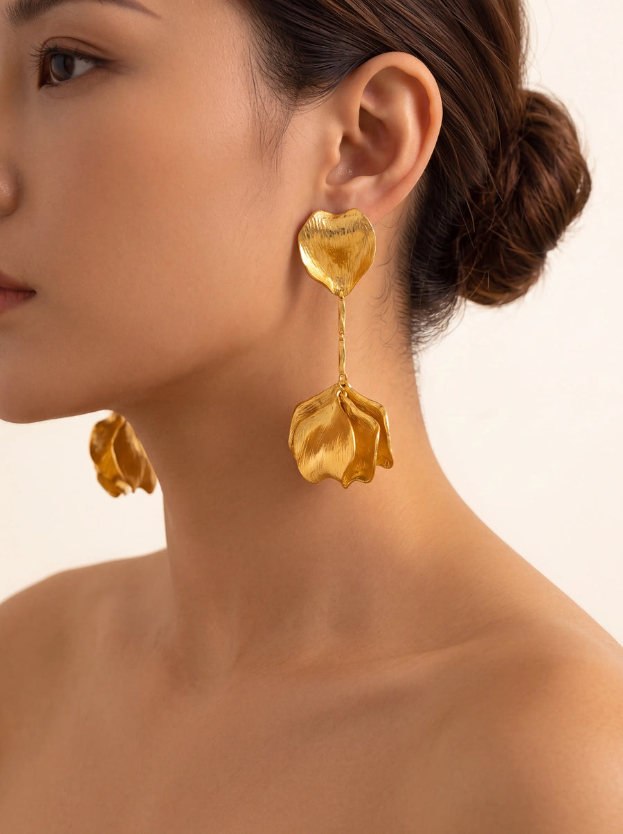 Elegant Gold Petal Drop Earrings, Handmade Statement Floral Jewelry, Wedding & Party Acces
