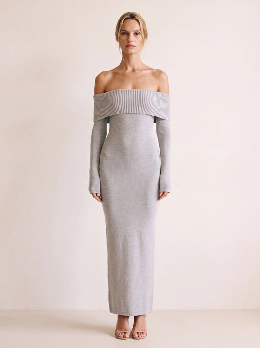 Isabella Knit Maxi Dress Light Grey Marl - front