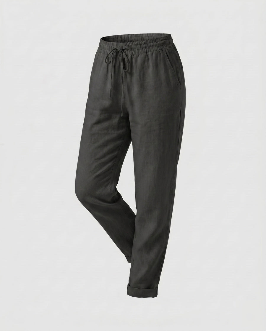 Honor Casual Linen Trousers with Elastic Waist in Black