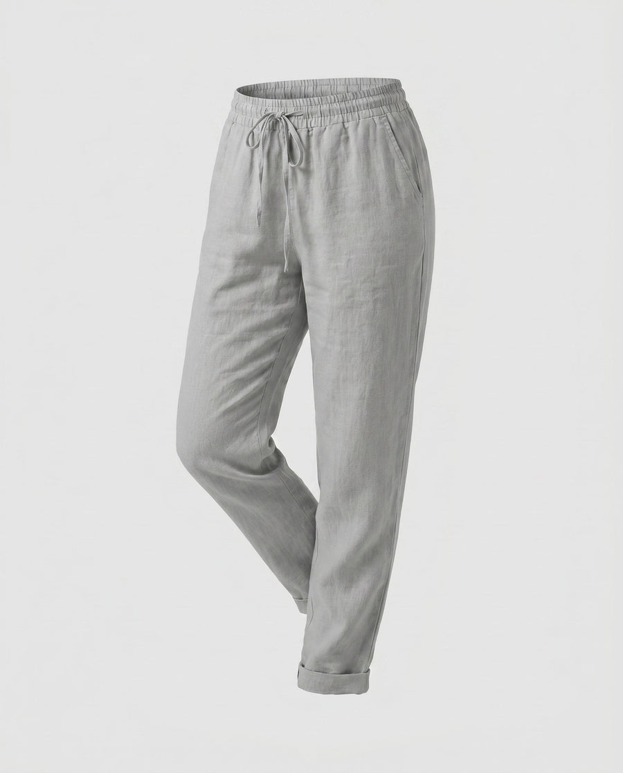 Honor Casual Linen Trousers with Elastic Waist in Grey