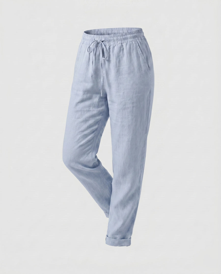 Honor Casual Linen Trousers with Elastic Waist in Light Blue