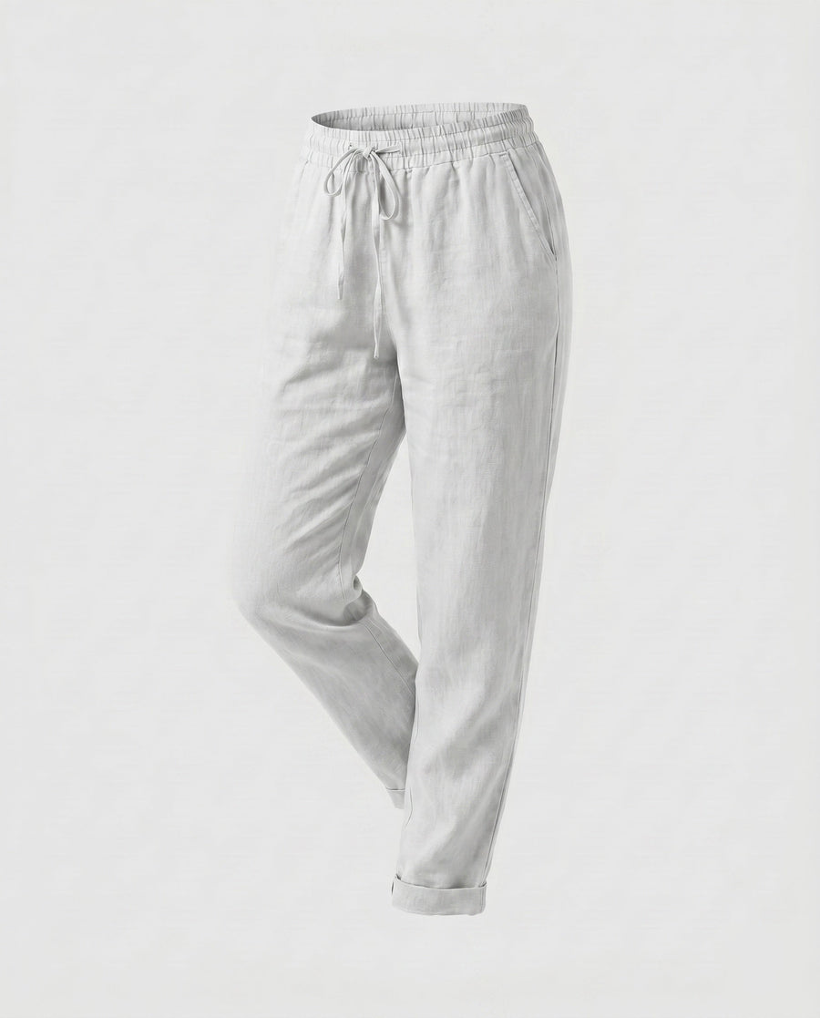 Honor Casual Linen Trousers with Elastic Waist in White