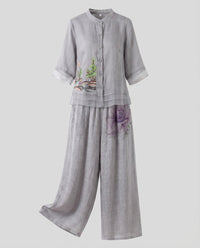 Honor Linen Blouse with Stand Collar and Wide Leg in Grey