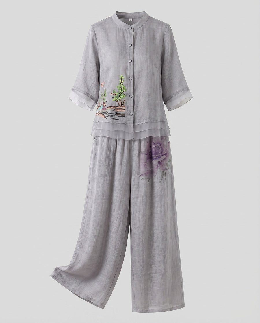 Honor Linen Blouse with Stand Collar and Wide Leg in Grey