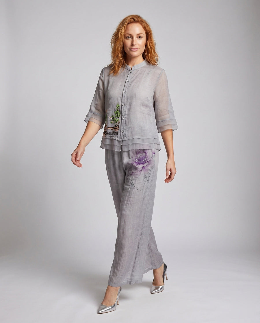 Honor Linen Blouse with Stand Collar and Wide Leg